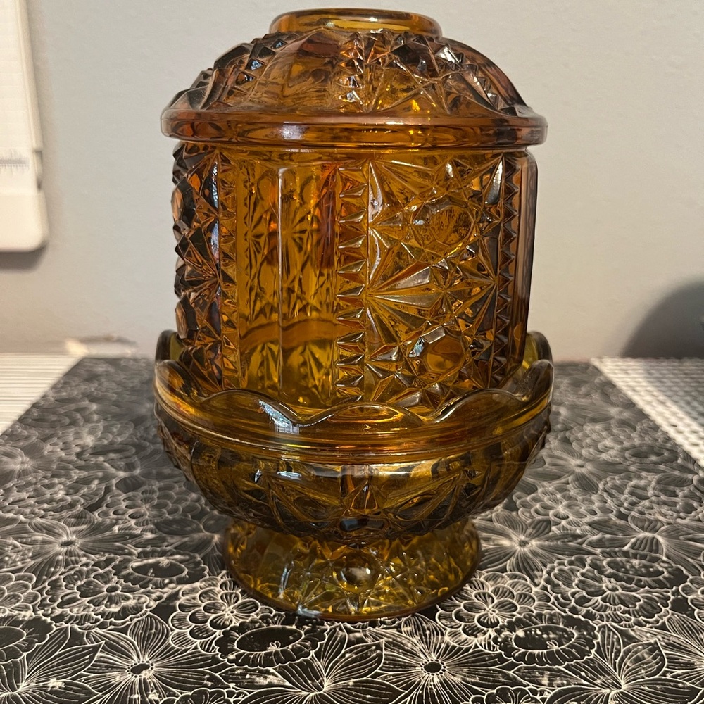 Indiana Glass fairy lamp amber colored stars and bars